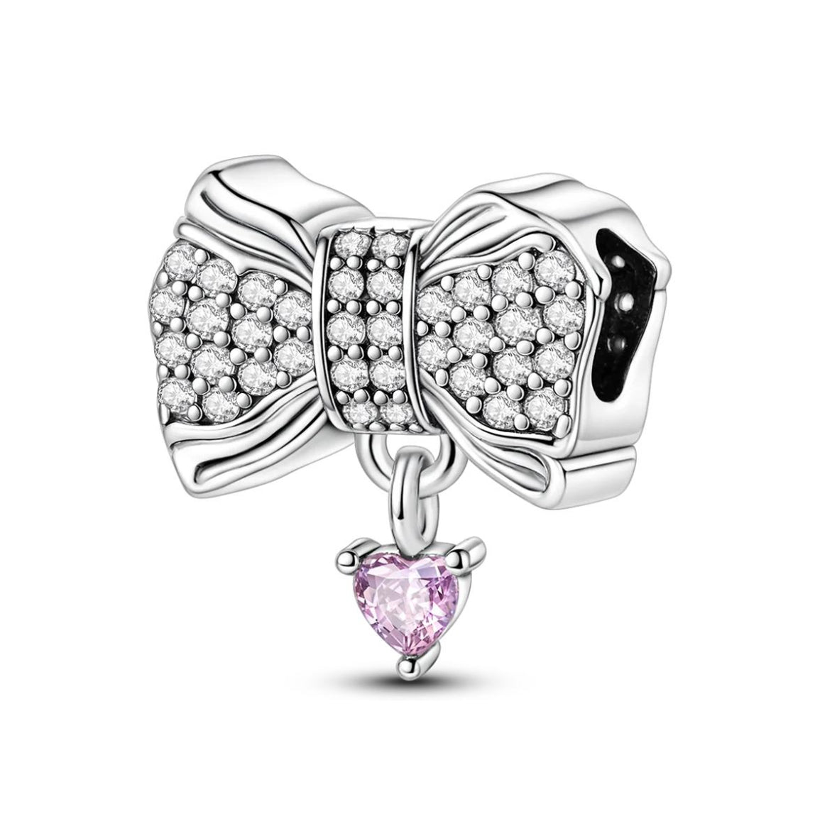 Silver and pink bow heart charm