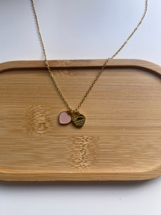 Pink and gold double heart necklace