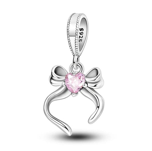 Silver and pink love bow charm