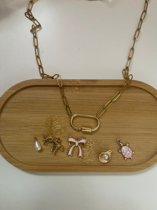 interchangeable charm necklace gold and pink bow