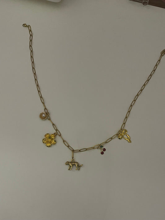cheetah and cherry gold charm necklace