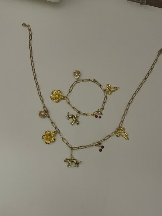cheetah and cherry gold bracelet and necklace set