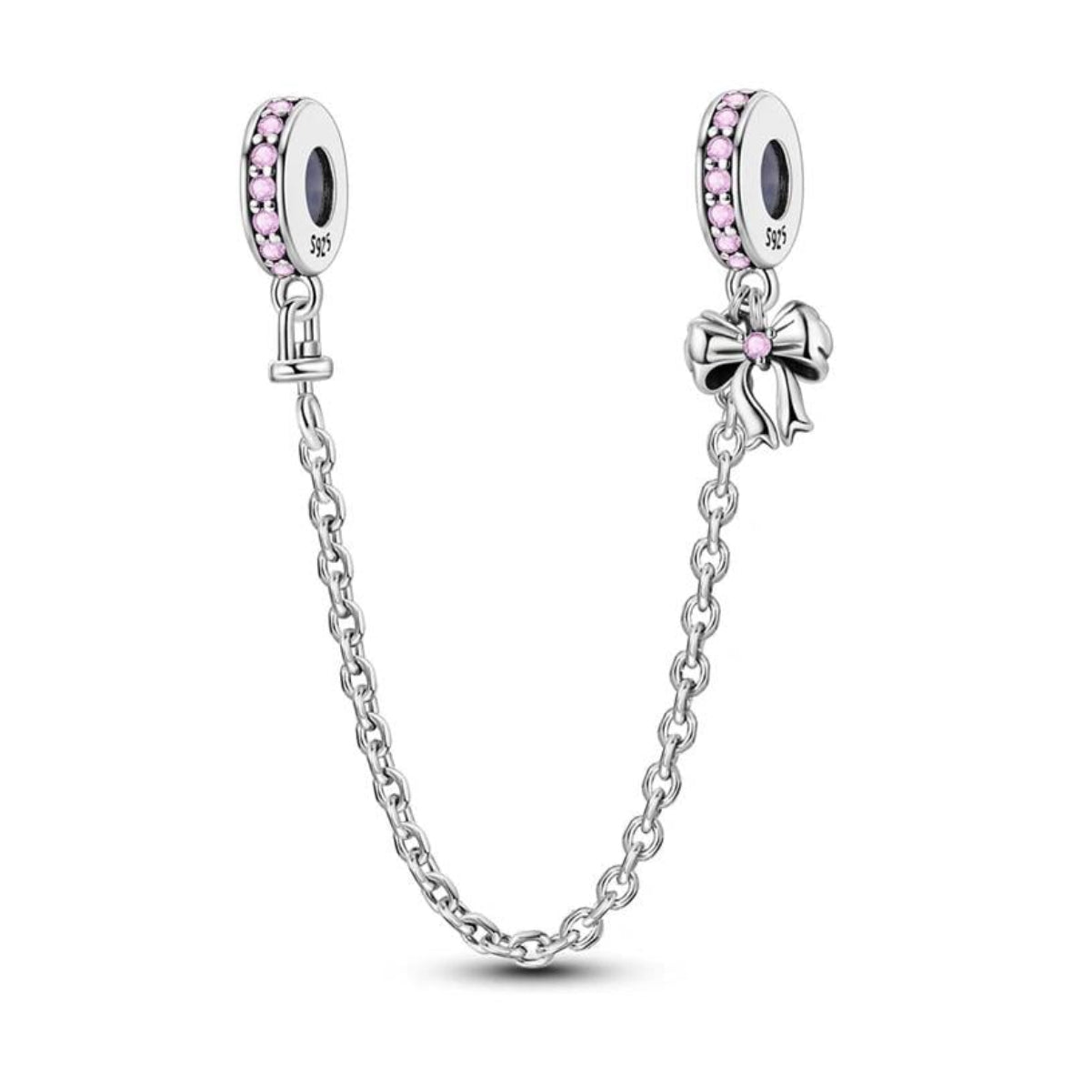 Silver and pink bow safety chain