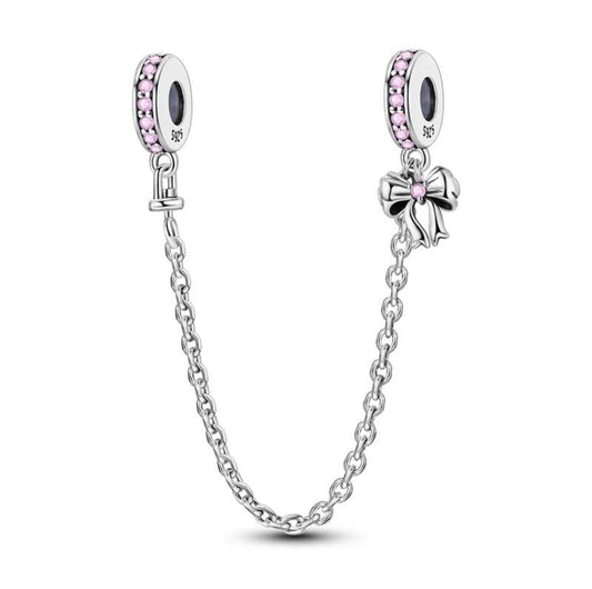 Silver and pink bow safety chain